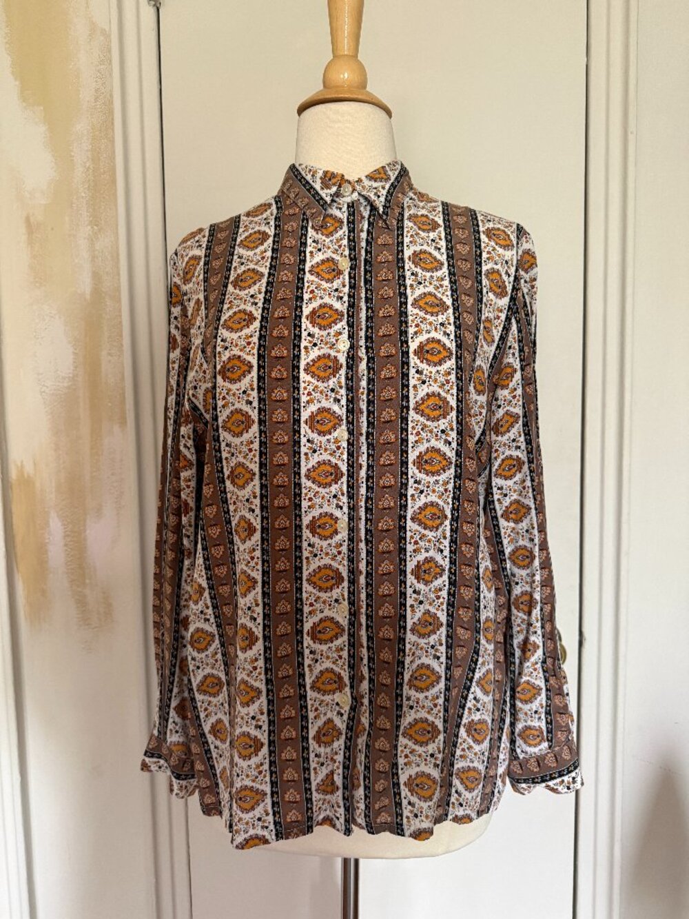 Vintage Medallion Print Button Down | Earth Tone Vertical Stripe | 70s